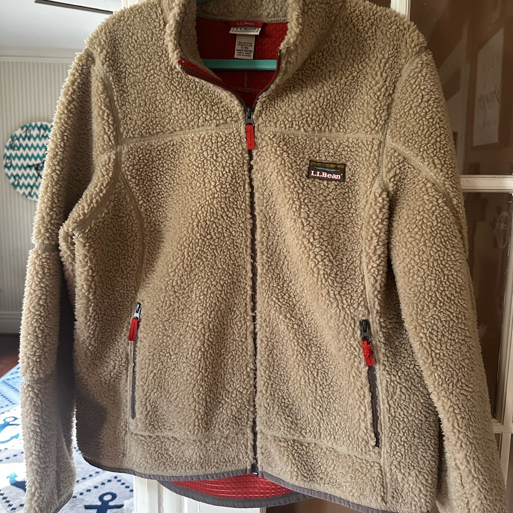 L.L. Bean Tan Sherpa Jacket With Red Accents